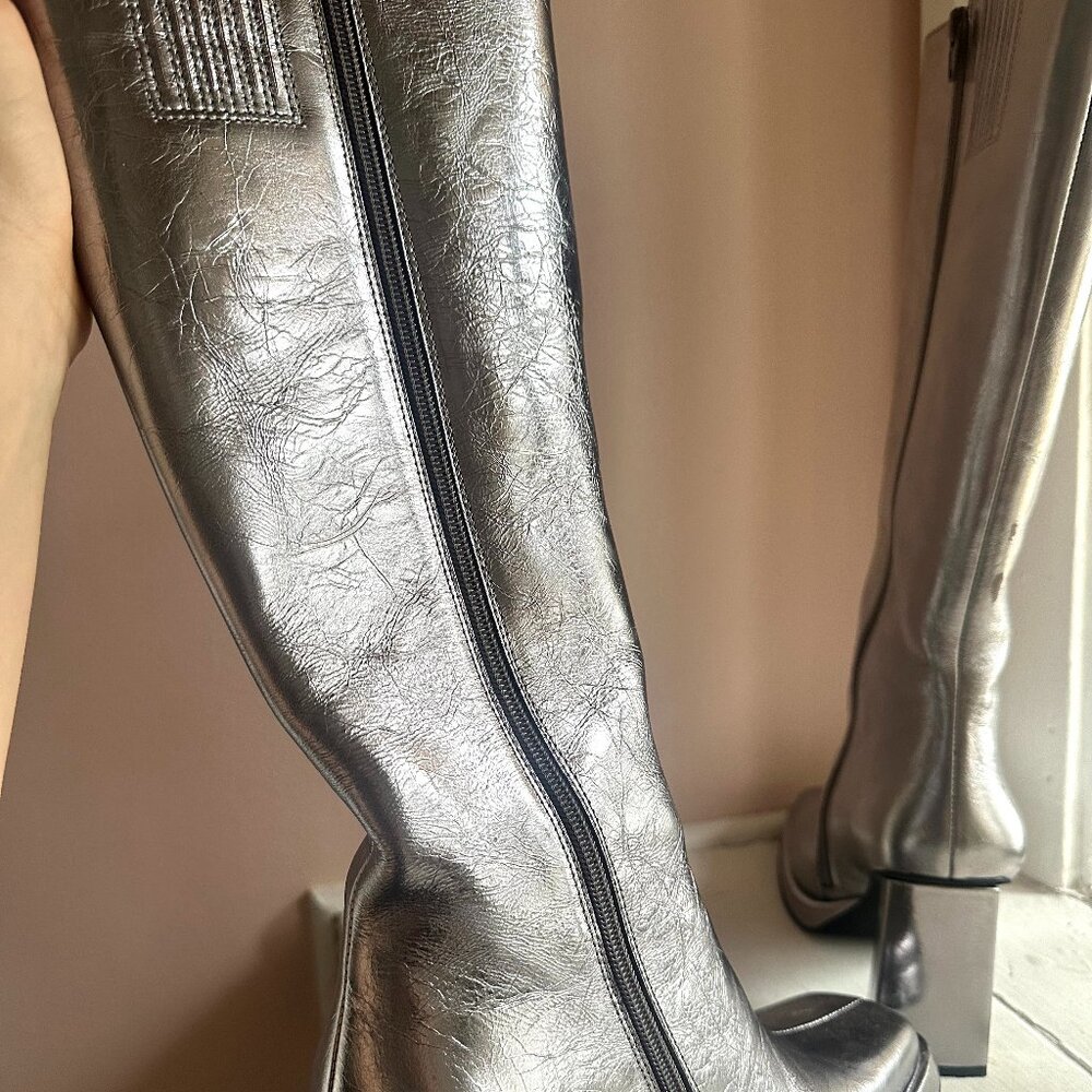 Jeffrey Campbell Crinkled Silver Knee-High Block Heel Boots - Picture 9 of 13